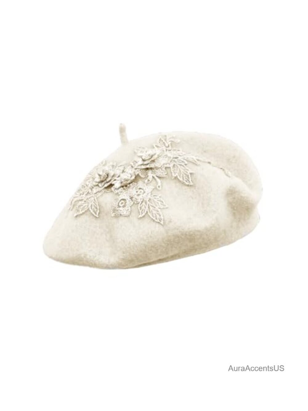 French Beret Wool Beanie Floral Embroidery Winter Hat for Women Adjustable